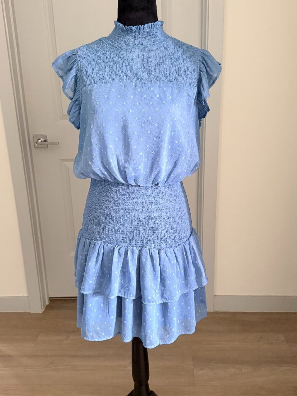 Aqua Ruffle Short Sleeve Smocked MIni Dress Denim Blue Sz M Boho Chic Fairycore
